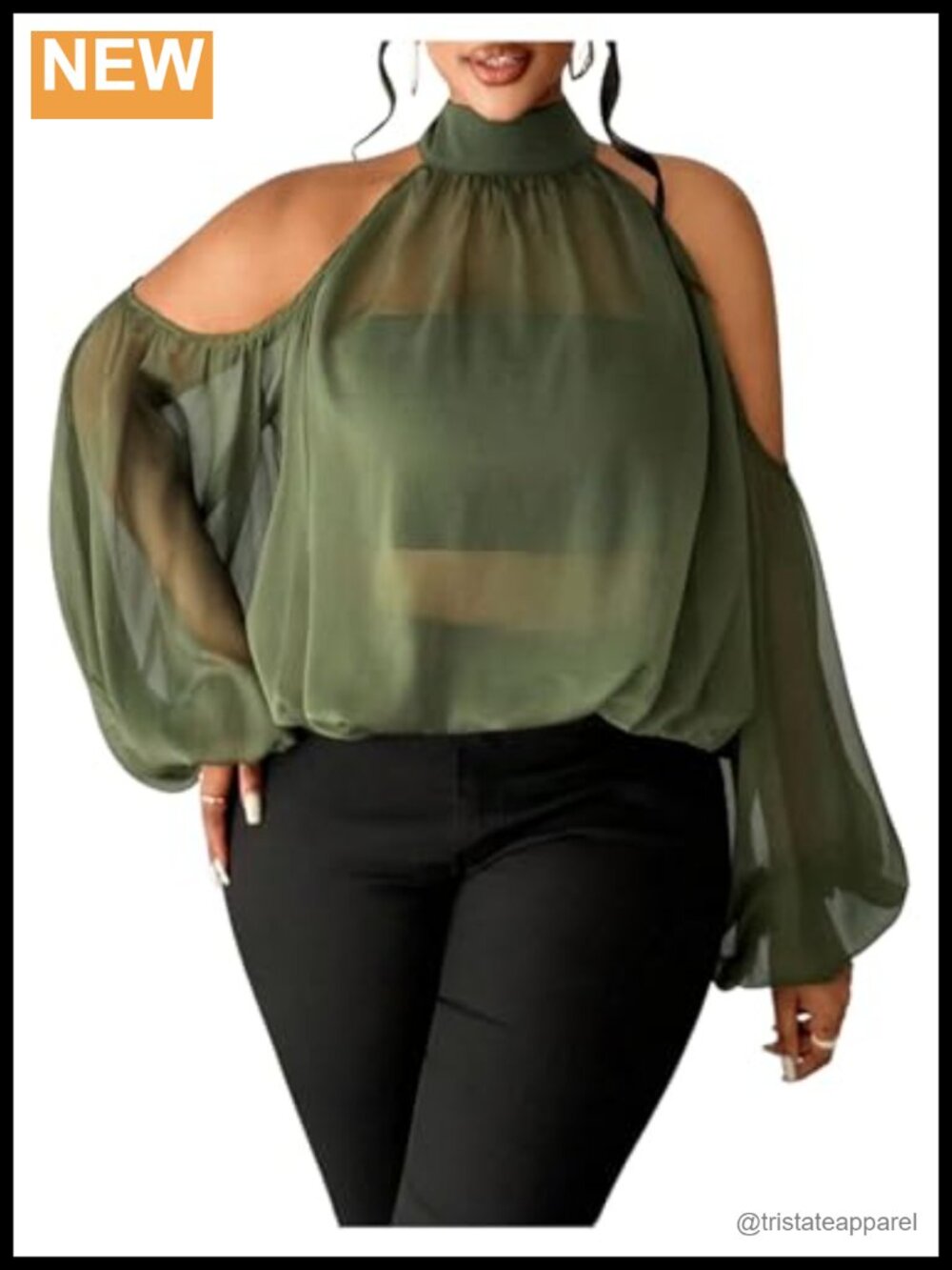 Women's Halter Cold Shoulder Blouse Long Lantern Sleeve Mesh Top